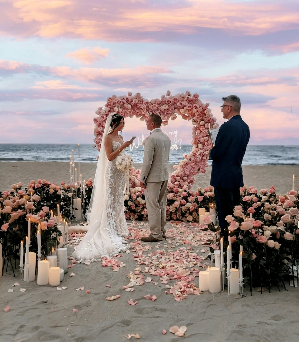 palm-beach-wedding-minister A couple stands in front of a heart-shaped floral arch on the beach during a wedding ceremony at sunset, with rose petals and candles surrounding them.